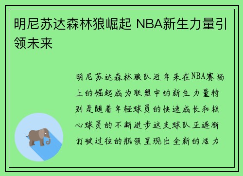 明尼苏达森林狼崛起 NBA新生力量引领未来